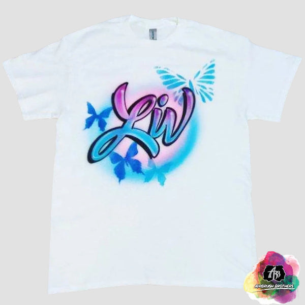 airbrush custom spray paint  Airbrush Butterflies w/ Two Tone Name Shirt Design shirts hats shoes outfit  graffiti 90s 80s design t-shirts  Airbrush Brothers Shirt