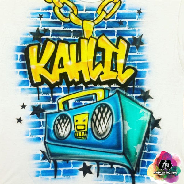 airbrush custom spray paint  Airbrush 90's Boombox w/ Stars Shirt Design shirts hats shoes outfit  graffiti 90s 80s design t-shirts  Airbrush Brothers Shirt