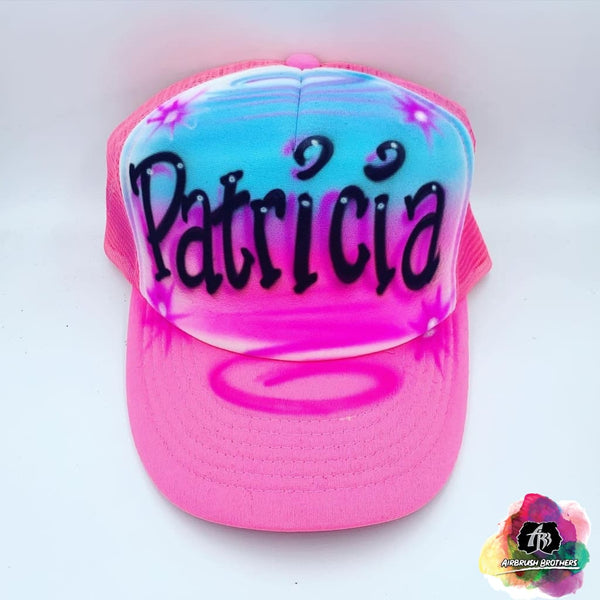airbrush custom spray paint  Airbrush Curly Name w/ Multicolors Hat Design shirts hats shoes outfit  graffiti 90s 80s design t-shirts  Airbrush Brothers Hats