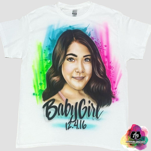 airbrush custom spray paint  Airbrush Splatter BabyGirl Portrait Shirt Design shirts hats shoes outfit  graffiti 90s 80s design t-shirts  AirbrushBrothers Shirt