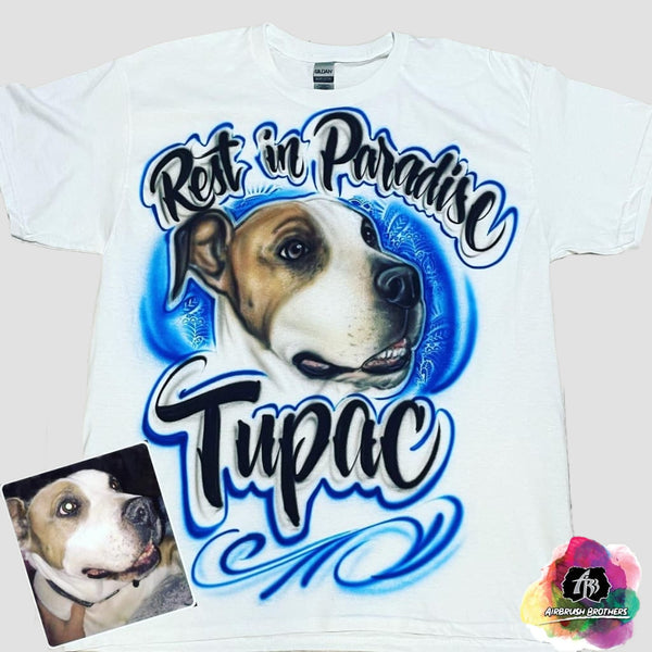 airbrush custom spray paint  Rest in Paradise Dog Portrait Design shirts hats shoes outfit  graffiti 90s 80s design t-shirts  Airbrush Brothers Customize Own Shirt
